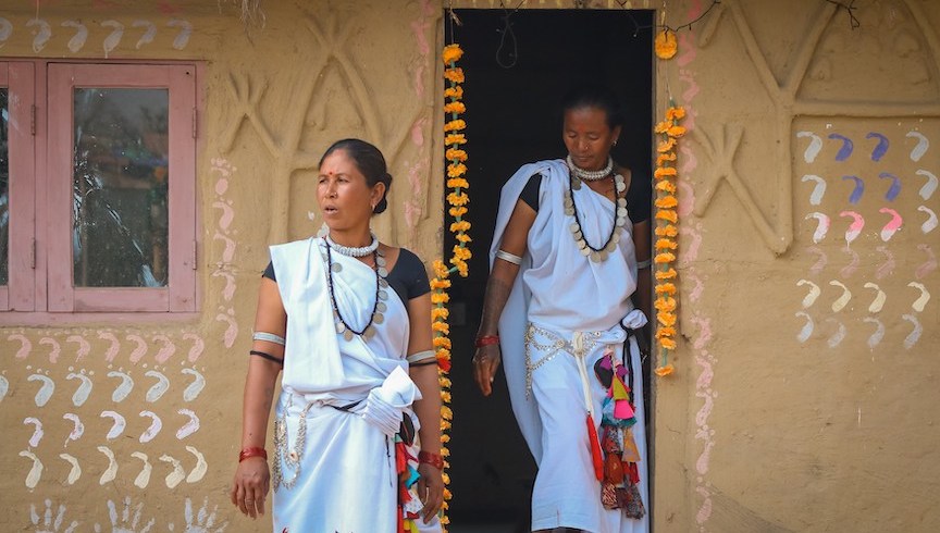  Tharu women in their traditional attire. The Tharu people are the ethnic group in the Terai region of the Himalayan foothills (covering parts of southern Nepal and northern India).